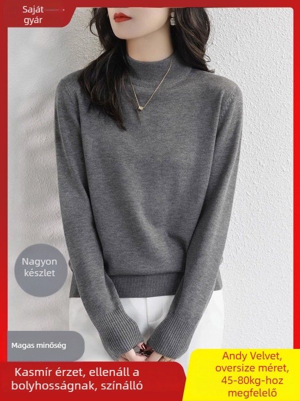 Velúr viszkóz fonalból készült pulóver, fél-turtleneck gallérral, lazább szabás, hosszú ujjú