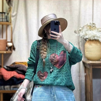 Női patchwork pamut pulóver, laza szabású, hosszú ujjú, pamut-nylon-regenerált cellulóz keverék