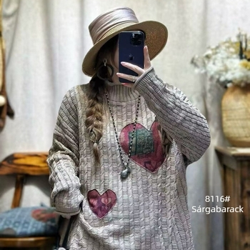 Női patchwork pamut pulóver, laza szabású, hosszú ujjú, pamut-nylon-regenerált cellulóz keverék