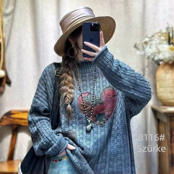 Női patchwork pamut pulóver, laza szabású, hosszú ujjú, pamut-nylon-regenerált cellulóz keverék