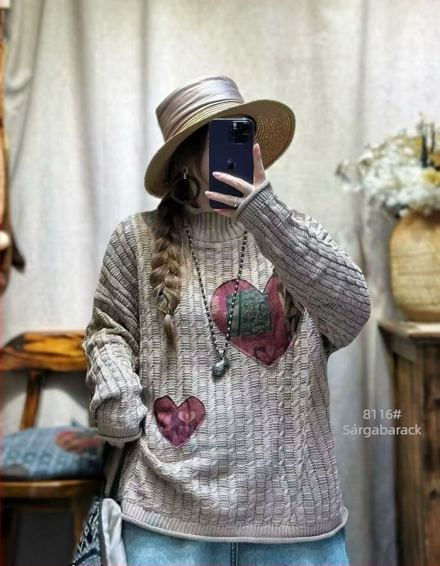 Női patchwork pamut pulóver, laza szabású, hosszú ujjú, pamut-nylon-regenerált cellulóz keverék