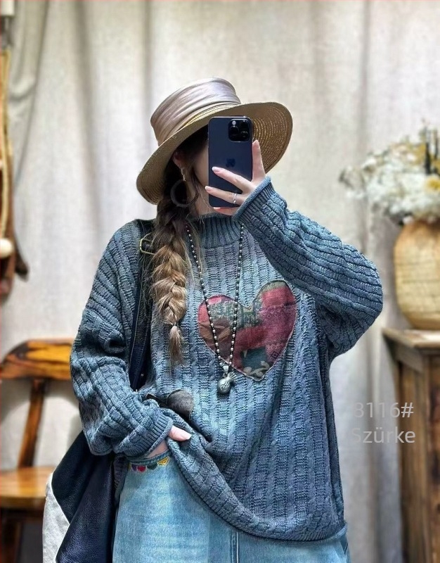 Női patchwork pamut pulóver, laza szabású, hosszú ujjú, pamut-nylon-regenerált cellulóz keverék