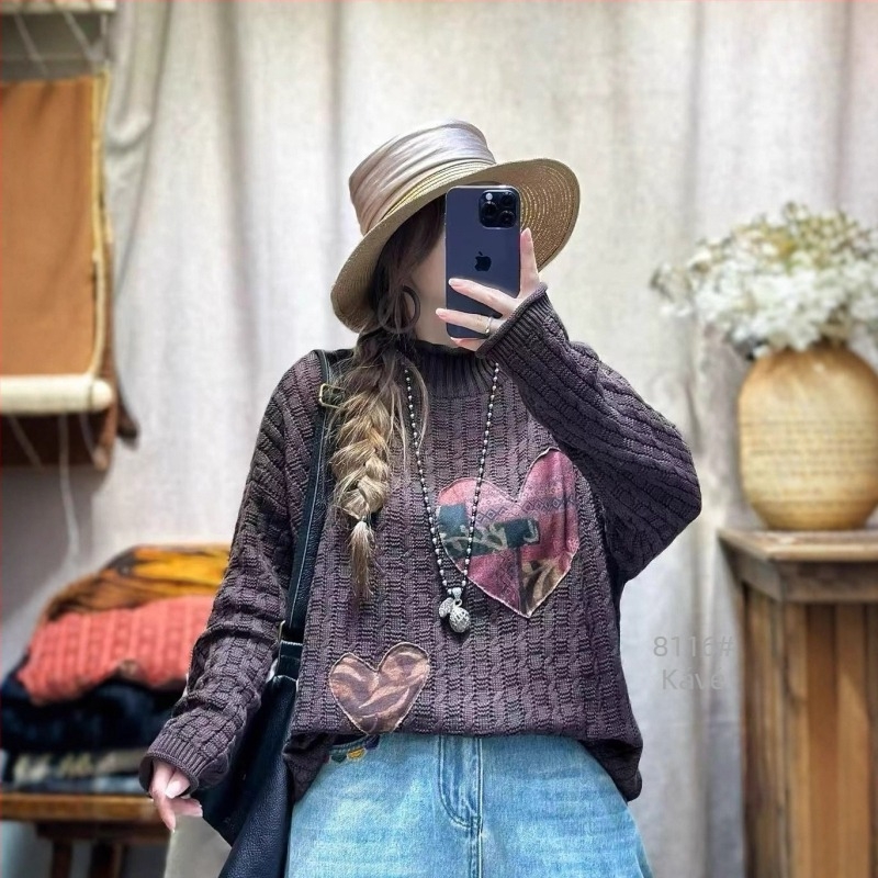 Női patchwork pamut pulóver, laza szabású, hosszú ujjú, pamut-nylon-regenerált cellulóz keverék