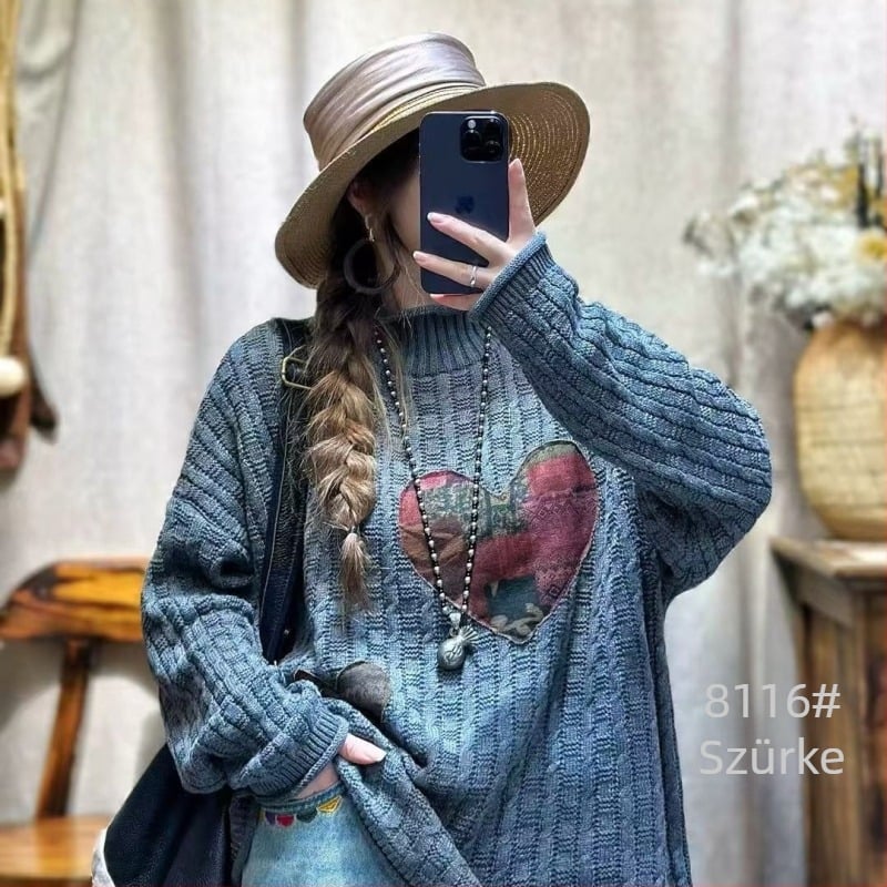 Női patchwork pamut pulóver, laza szabású, hosszú ujjú, pamut-nylon-regenerált cellulóz keverék