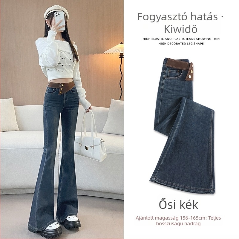 Denim nadrág, magas derekú, bootcut enyhe bővítéssel, hosszú a padlóig érő, vastag anyagú pamut-poliészter denim (70–80% pamut)