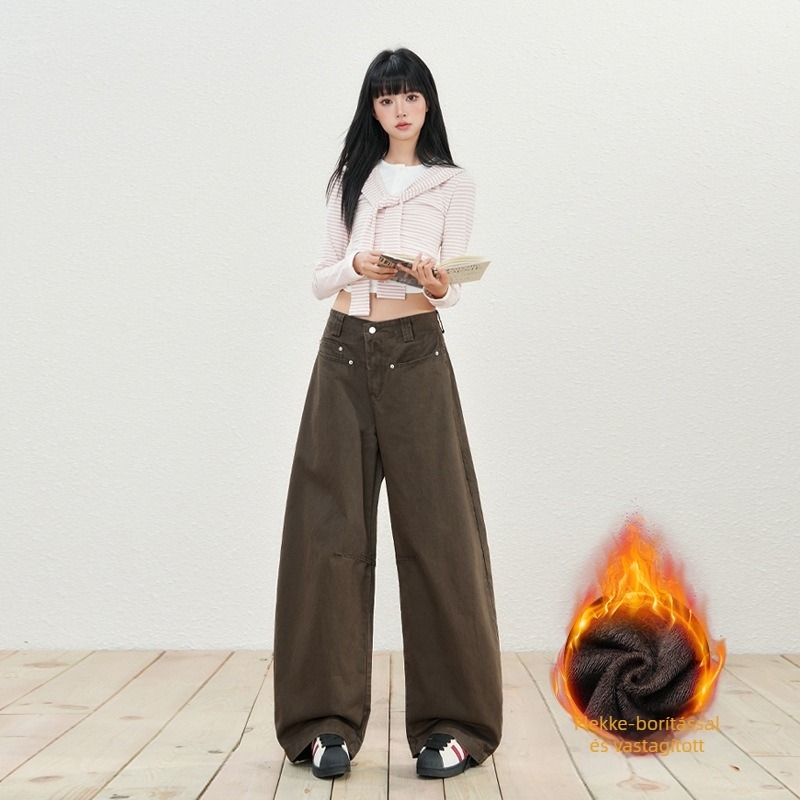 Fleece-béléssel ellátott denim nadrág, magas derekú, laza szabású, 80-90% pamut, enzimmel mosott
