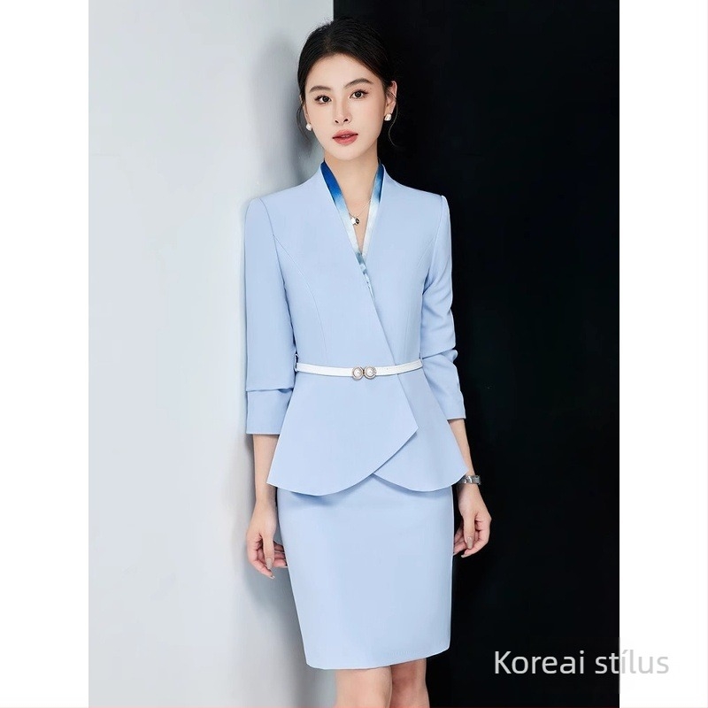 Női irodai öltöny két darabból, őszi 2024, poliészter anyag, 90–95% poliészter rost, középméretű szoknya, hosszú ujjú