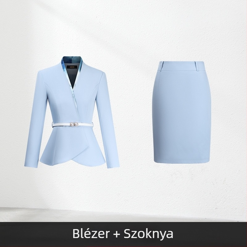 Női irodai öltöny két darabból, őszi 2024, poliészter anyag, 90–95% poliészter rost, középméretű szoknya, hosszú ujjú