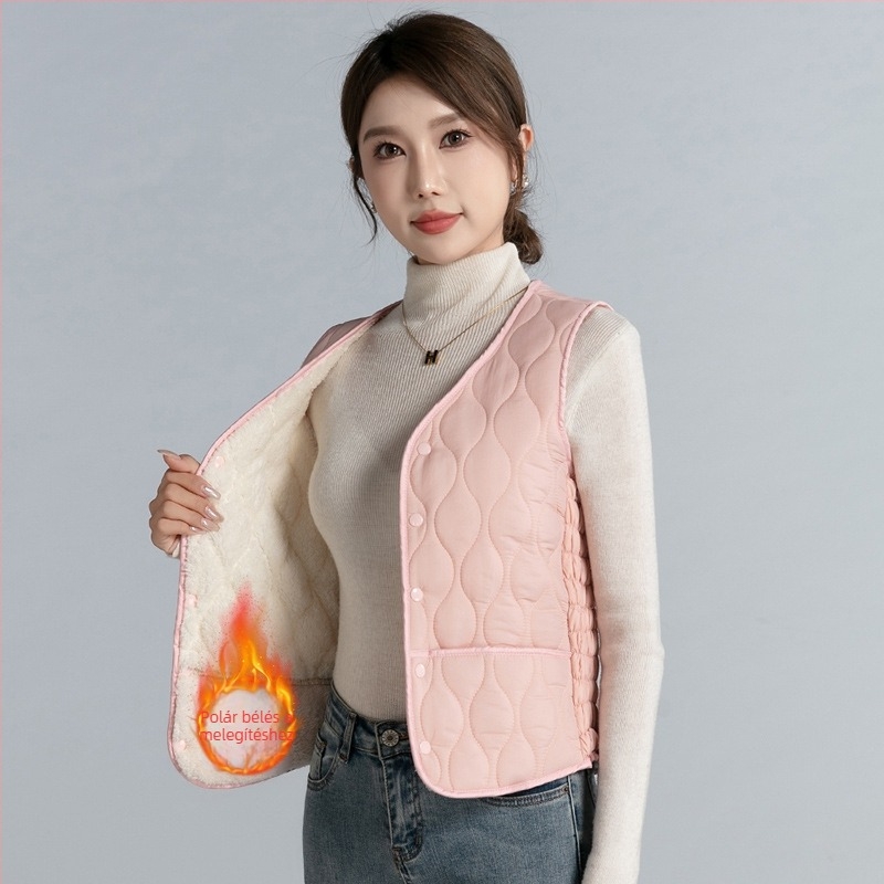 Női nylon mellény Down Cotton töltettel, fleece belső, V-nyak, rövid fazon