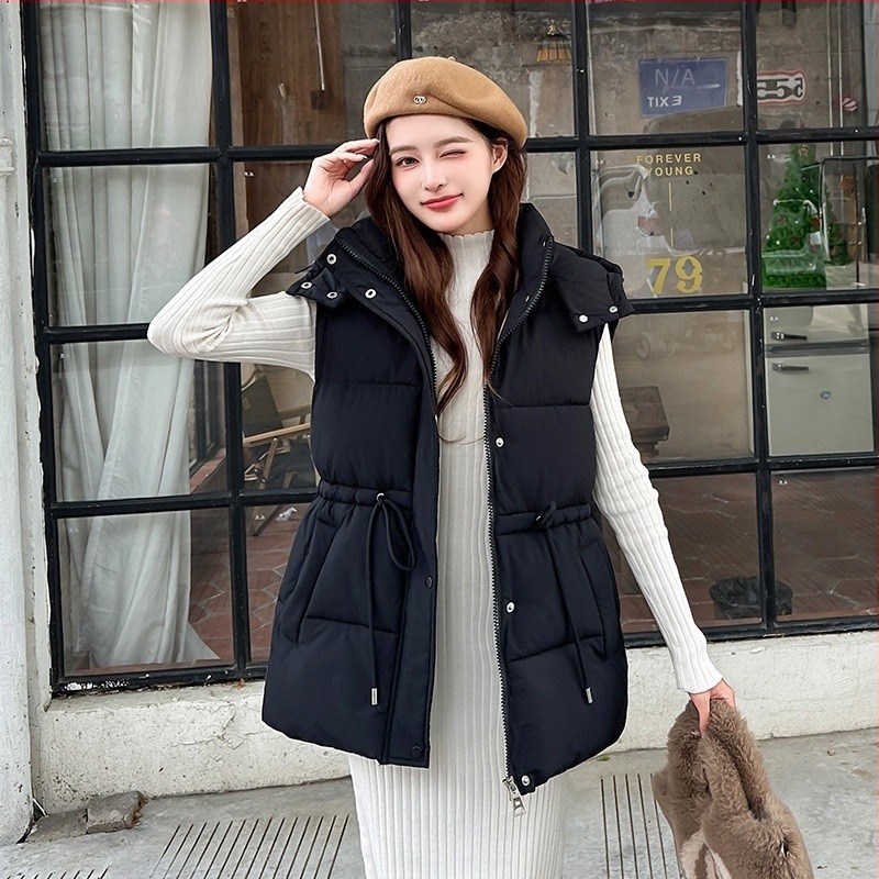 Női kapucnis steppelt mellény poliészter-pamut töltéssel, karcsú szabás, Koreai stílus, őszi-téli 2025