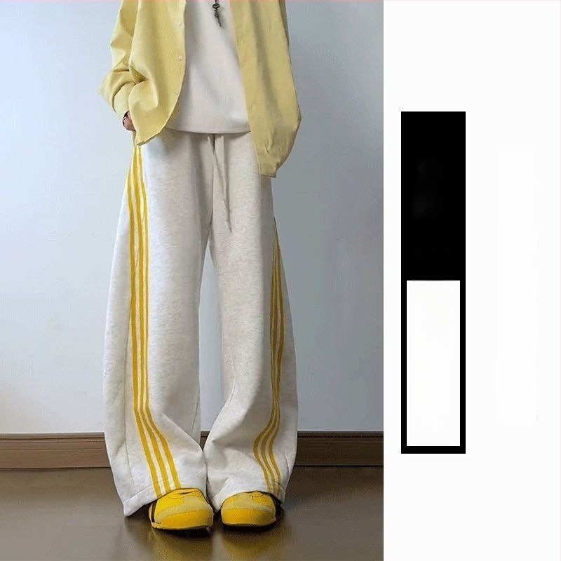 Női sportnadrág három csíkkal, amerikai stílusú, plusz méret, 150 kg-ig, vékony, szabad szabású, széles lábvégekkel, tavasz–nyár