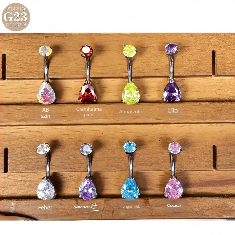 G23 titánium ötvözet köldök piercing, vízcsepp alakú, cirkónium beépítéssel