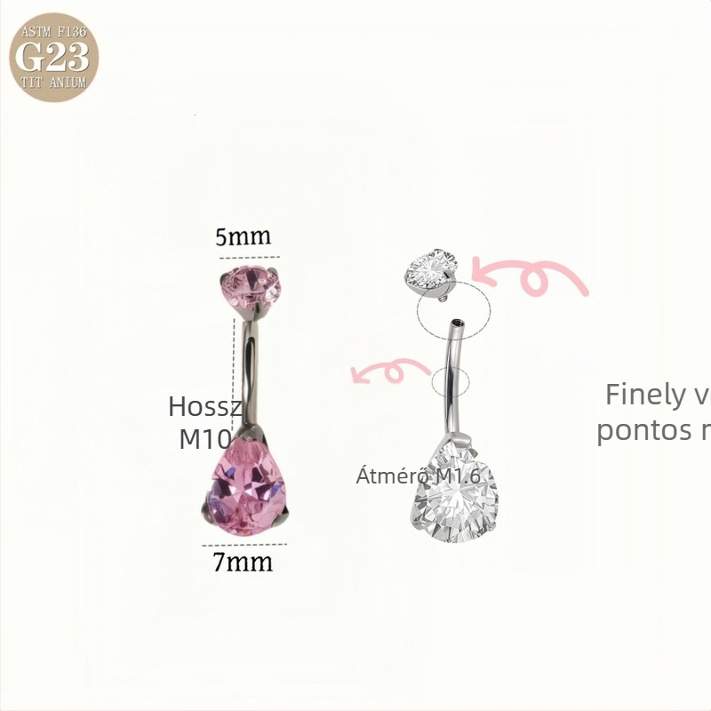 G23 titánium ötvözet köldök piercing, vízcsepp alakú, cirkónium beépítéssel