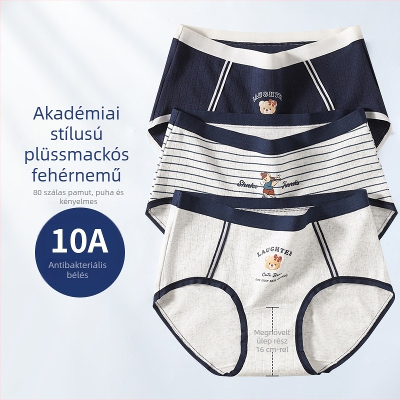 Női pamut alsó, iskolai stílus, aranyos mackó, háromszög fazonú bugyi, 10A antibakteriális, teljes pamut intím terület, középmagas derék, lányoknak