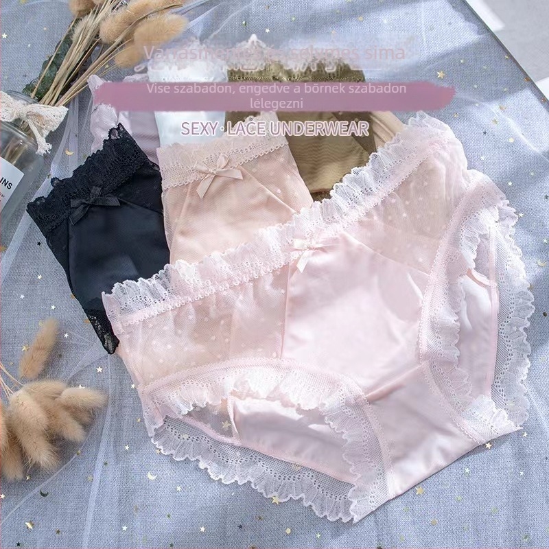Női csipkés alsónemű középmagas derékkal, lélegző, antibakteriális, Ice Silk anyagú, pamut bélés
