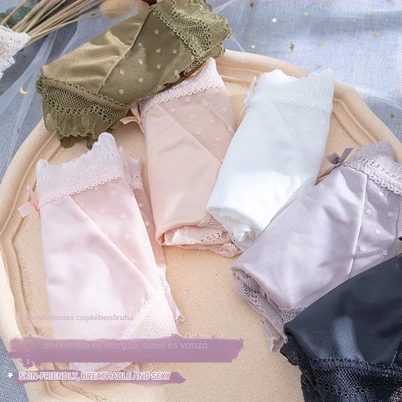 Női csipkés alsónemű középmagas derékkal, lélegző, antibakteriális, Ice Silk anyagú, pamut bélés
