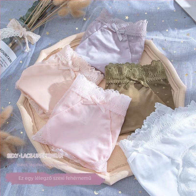 Női csipkés alsónemű középmagas derékkal, lélegző, antibakteriális, Ice Silk anyagú, pamut bélés