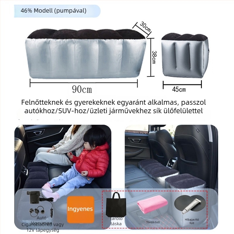 Autó hátsó üléseihez illeszkedő felfújható ágy utazásokhoz - gyors felfújás, univerzális kompatibilitás, PVC és flockos szövet anyag, max terhelés 150 kg