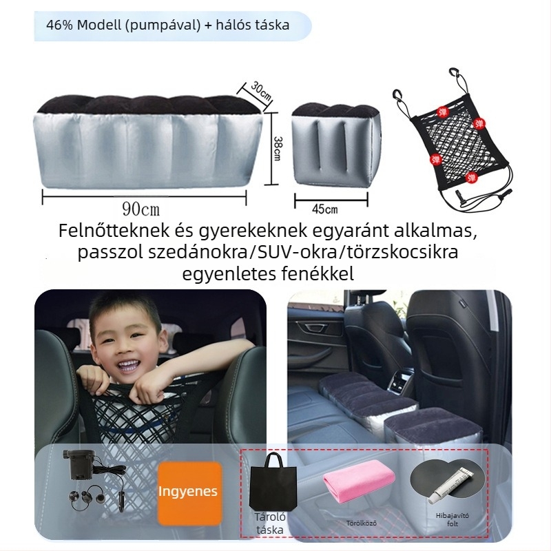Autó hátsó üléseihez illeszkedő felfújható ágy utazásokhoz - gyors felfújás, univerzális kompatibilitás, PVC és flockos szövet anyag, max terhelés 150 kg