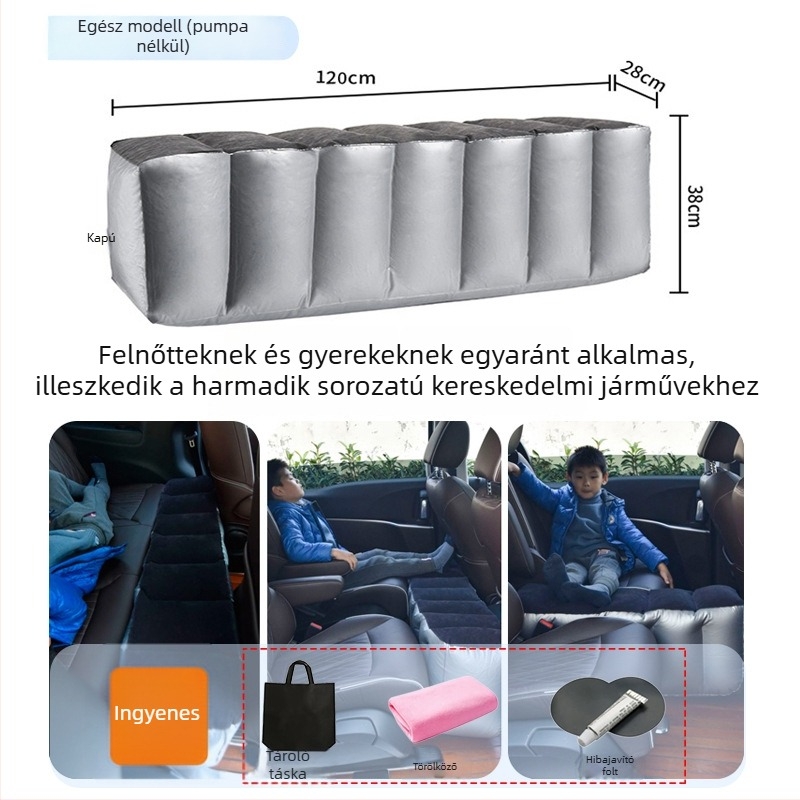 Autó hátsó üléseihez illeszkedő felfújható ágy utazásokhoz - gyors felfújás, univerzális kompatibilitás, PVC és flockos szövet anyag, max terhelés 150 kg