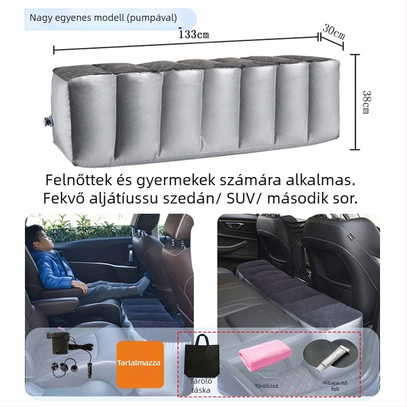 Autó hátsó üléseihez illeszkedő felfújható ágy utazásokhoz - gyors felfújás, univerzális kompatibilitás, PVC és flockos szövet anyag, max terhelés 150 kg