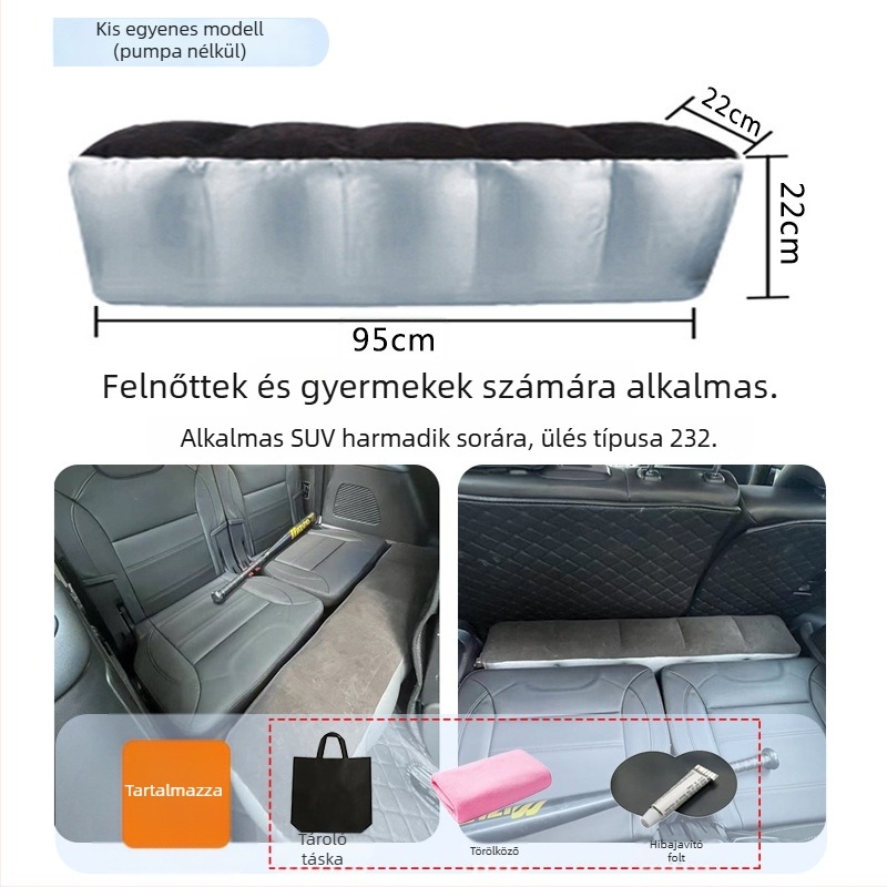 Autó hátsó üléseihez illeszkedő felfújható ágy utazásokhoz - gyors felfújás, univerzális kompatibilitás, PVC és flockos szövet anyag, max terhelés 150 kg