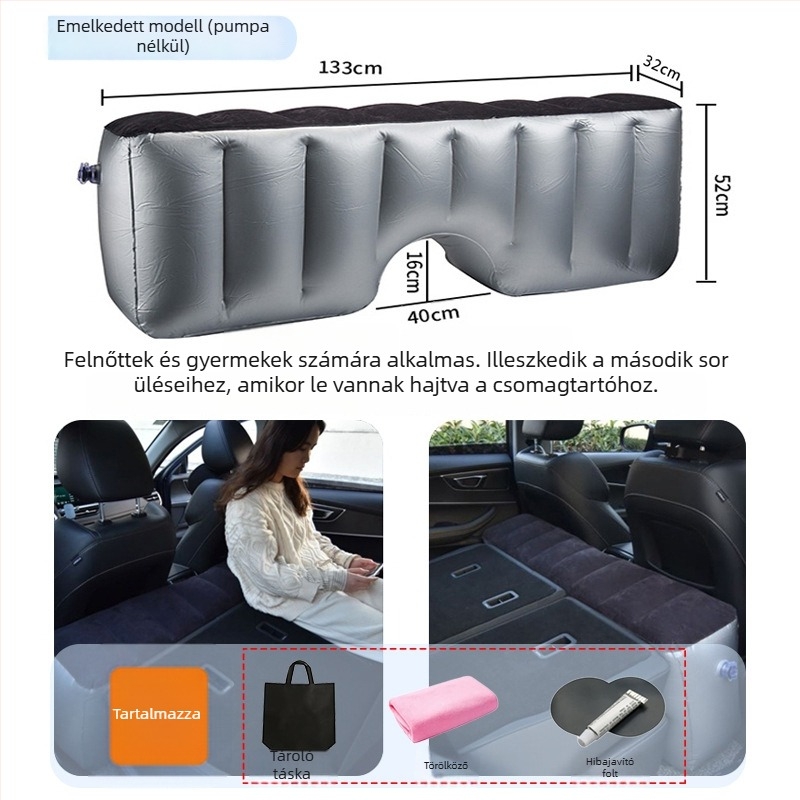 Autó hátsó üléseihez illeszkedő felfújható ágy utazásokhoz - gyors felfújás, univerzális kompatibilitás, PVC és flockos szövet anyag, max terhelés 150 kg
