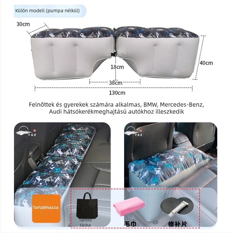 Autó hátsó üléseihez illeszkedő felfújható ágy utazásokhoz - gyors felfújás, univerzális kompatibilitás, PVC és flockos szövet anyag, max terhelés 150 kg