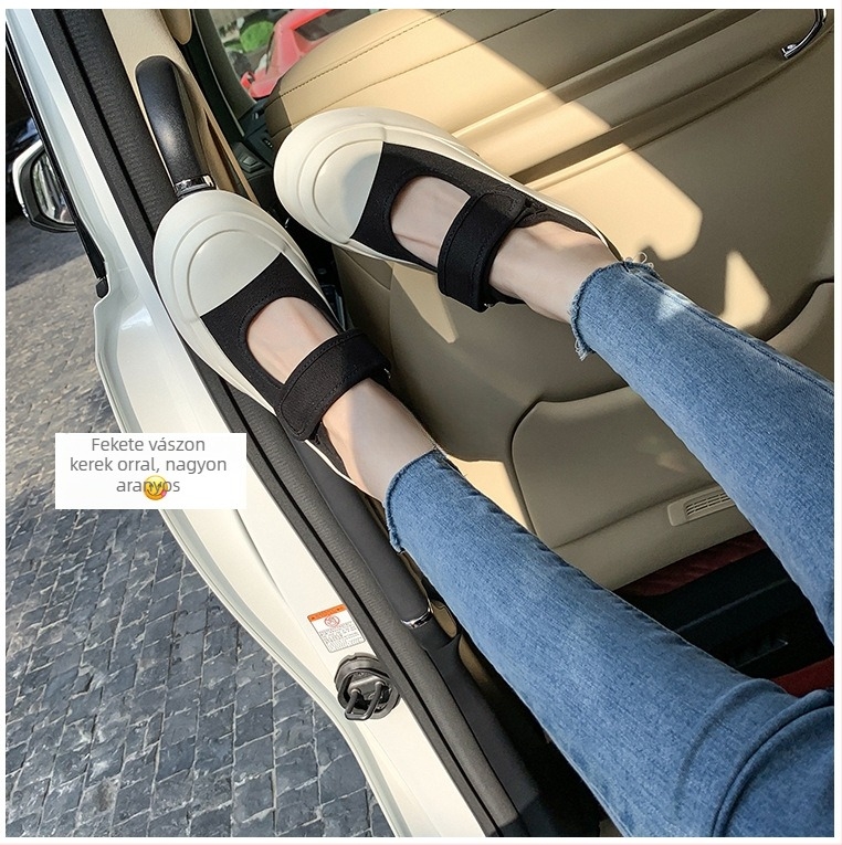 Női vászon Mary Jane cipő, kerek orrú, Velcro-zár, gumírozott talp, báránybőr bélés (közepes sarok 3–5 cm)
