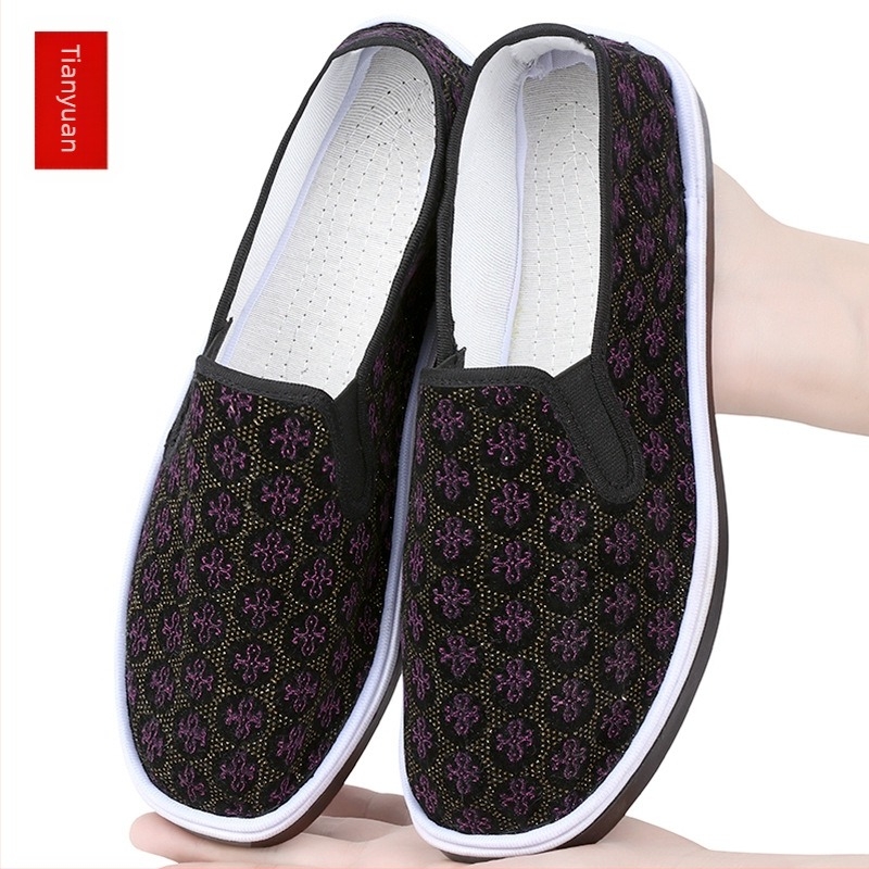 Textil Slip-On cipő marhaínból készült talppal, alacsony felső rész, pamut felső, kerek orr