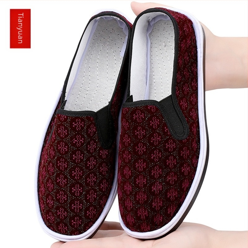 Textil Slip-On cipő marhaínból készült talppal, alacsony felső rész, pamut felső, kerek orr