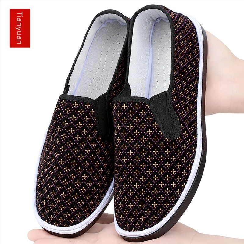 Textil Slip-On cipő marhaínból készült talppal, alacsony felső rész, pamut felső, kerek orr