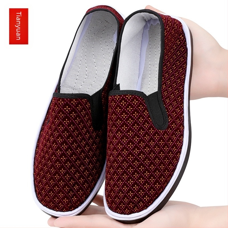 Textil Slip-On cipő marhaínból készült talppal, alacsony felső rész, pamut felső, kerek orr