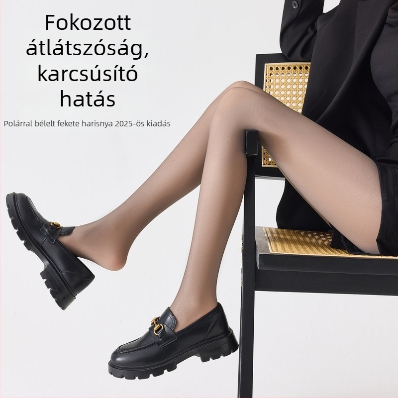 Női fekete fleece-bevonat harisnya, magas derekú, természetes bőrhatású, átlátszó kivitel ősz-télre