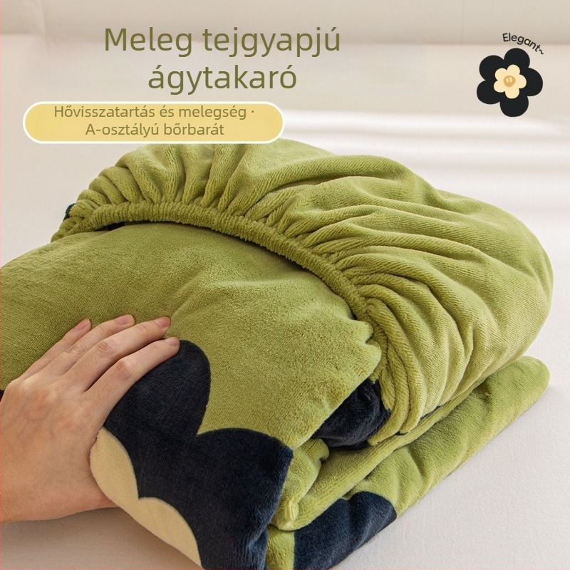 Tejszínű bársony virágos nyomtatású gumis lepedő matracra, 1,5 m egyszemélyes méret, három részes készlet minden szezonra