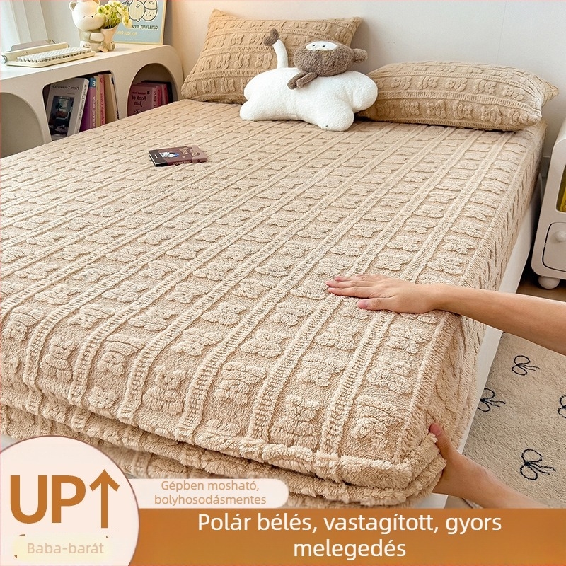 Téli vastag meleg tej-velúr jacquard ágyneműhuzat, gumis lepedő és Simmons fleece matracvédő – egy darab