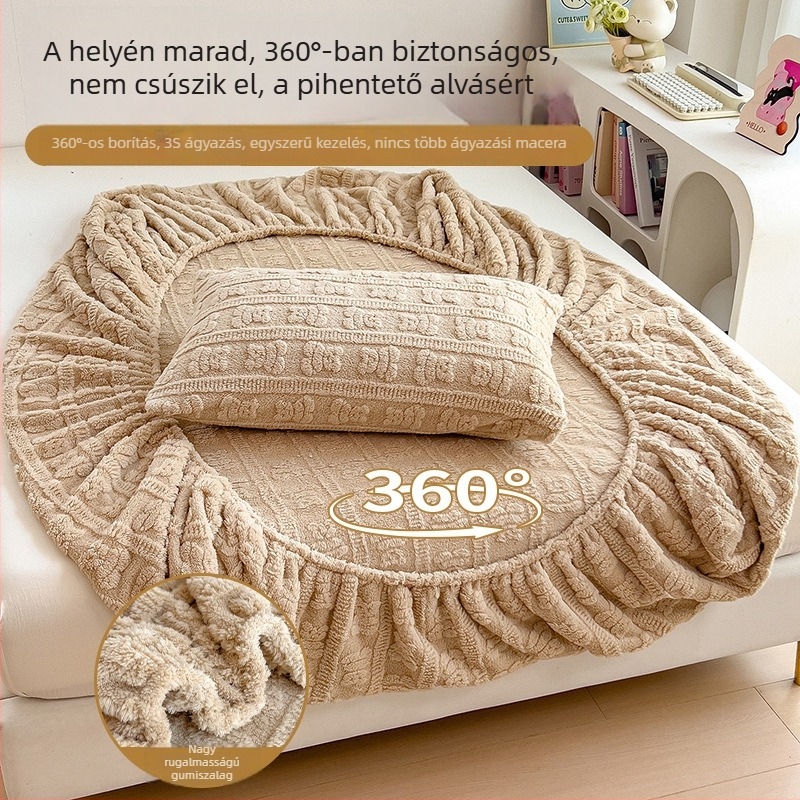 Téli vastag meleg tej-velúr jacquard ágyneműhuzat, gumis lepedő és Simmons fleece matracvédő – egy darab