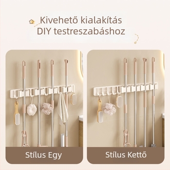 Crown Toon falra szerelhető mop- és seprűtartó, anyag: űr-alumínium és műanyag, fúrás nélküli szerelés, seprűnyél tárolás, spray-műanyag felület, súly 0,3 kg