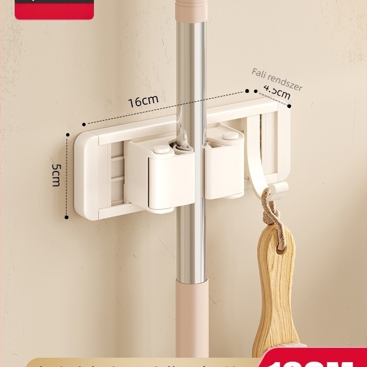 Crown Toon falra szerelhető mop- és seprűtartó, anyag: űr-alumínium és műanyag, fúrás nélküli szerelés, seprűnyél tárolás, spray-műanyag felület, súly 0,3 kg