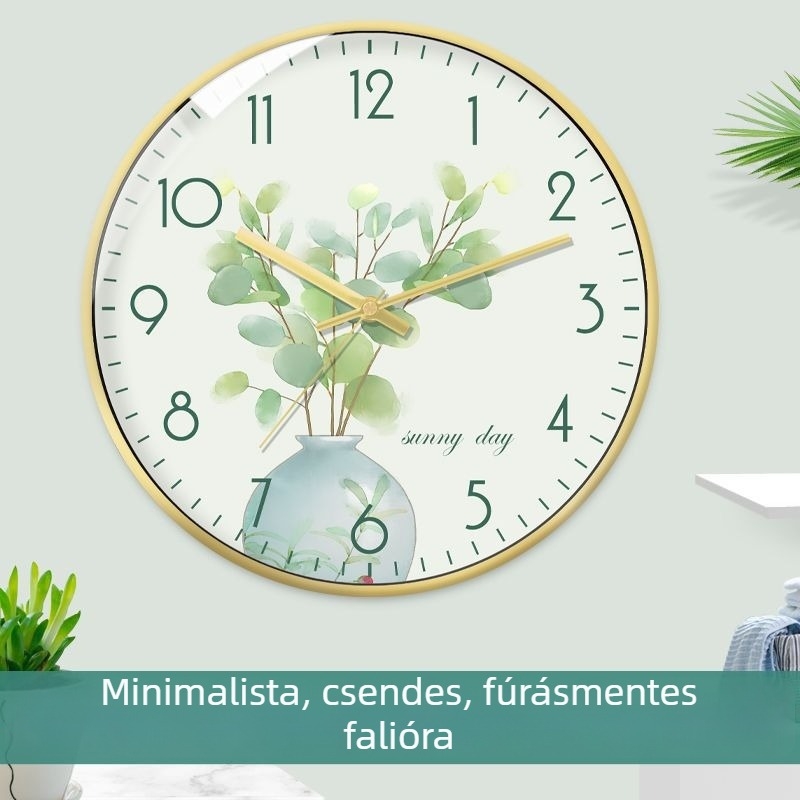 Minimalista falióra zöld növényekkel, nappalira és hálószobára, egyszerű, modern design, falra szerelhető, csendes kvarc óra.