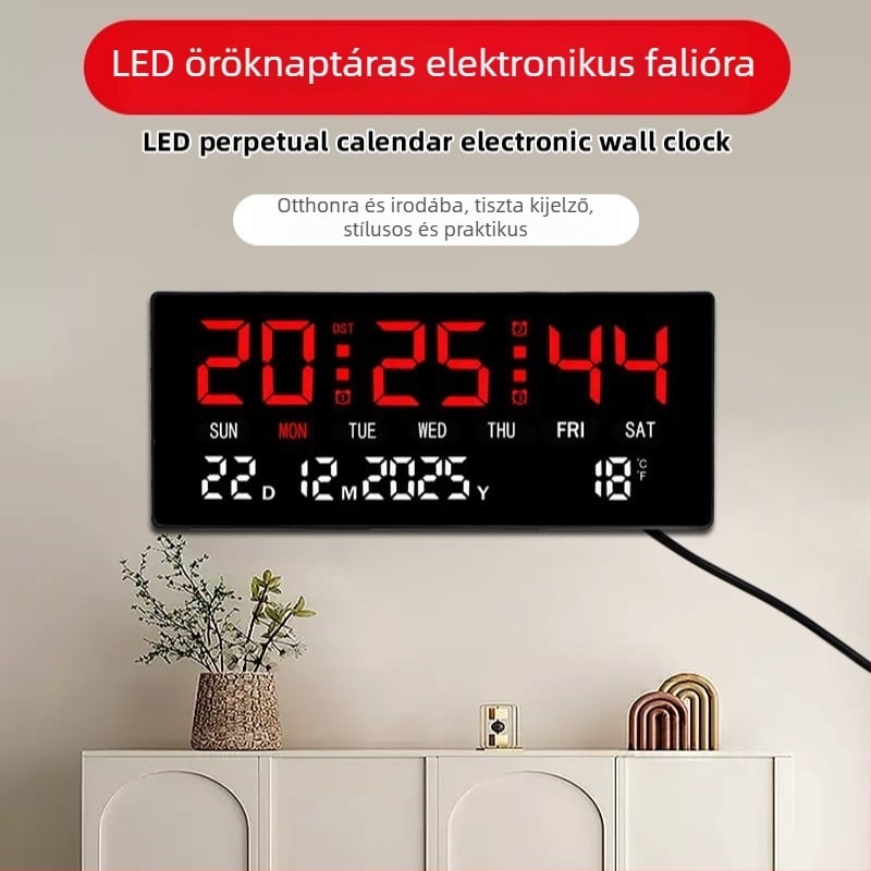 Nagy LED-es falióra digitális kijelzővel, hőmérséklet, örökös naptár, 24 órás idő, hét és hónap kijelzéssel