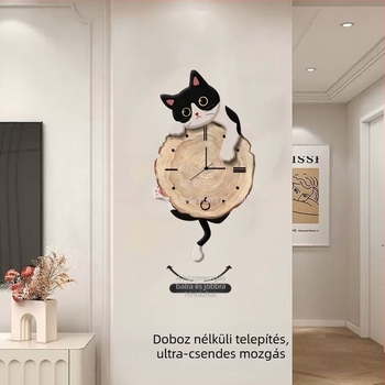 Karikatúra macska falióra, elemmel működő, ugró másodpercműködés, fa tokozású ház, egyoldalas számlap, nappalira, hálószobára és dolgozószobára.