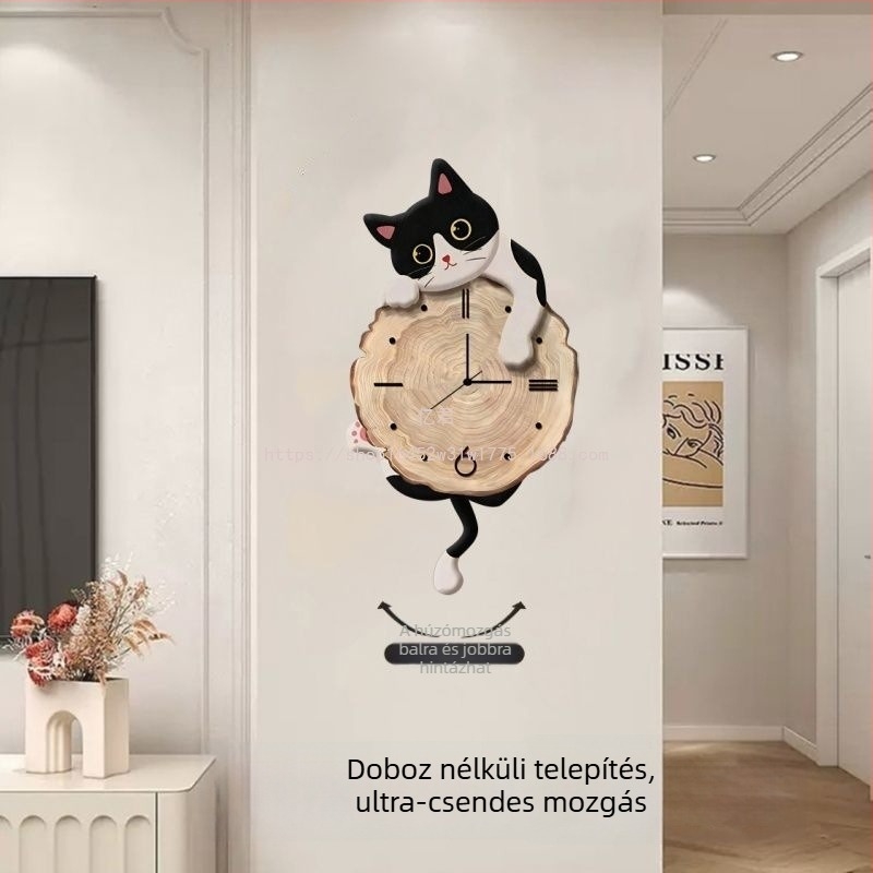Karikatúra macska falióra, elemmel működő, ugró másodpercműködés, fa tokozású ház, egyoldalas számlap, nappalira, hálószobára és dolgozószobára.