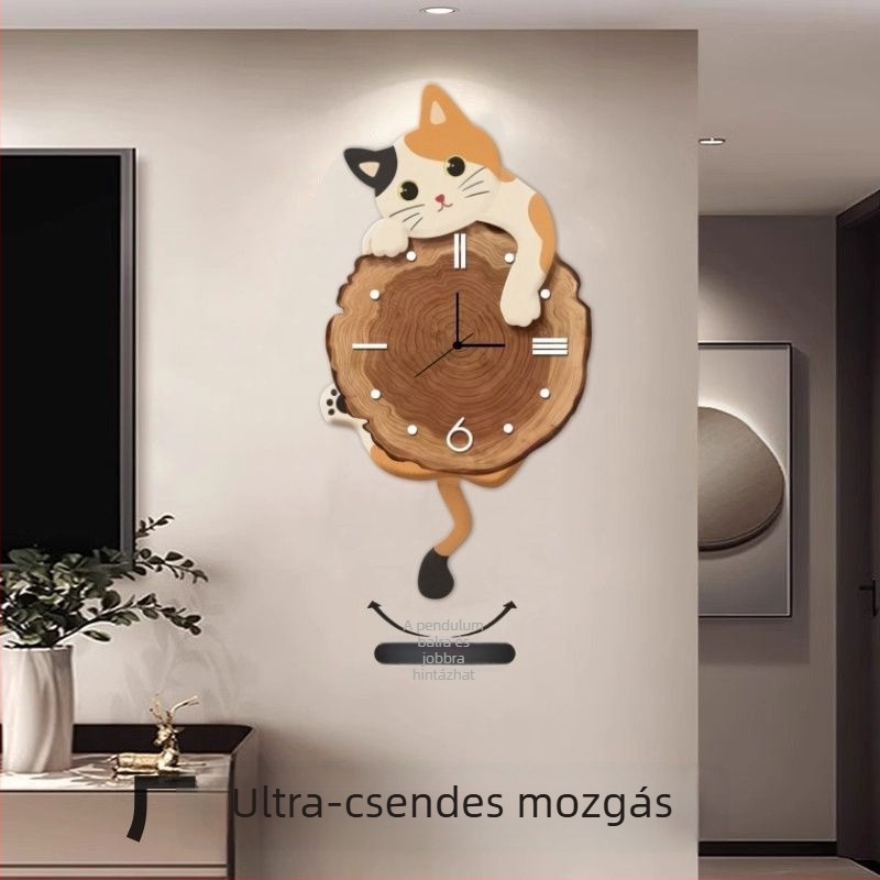 Karikatúra macska falióra, elemmel működő, ugró másodpercműködés, fa tokozású ház, egyoldalas számlap, nappalira, hálószobára és dolgozószobára.