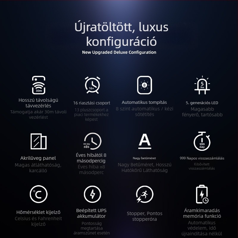 LED digitális falióra, téglalap alakú, hőmérő, naptár és ébresztő