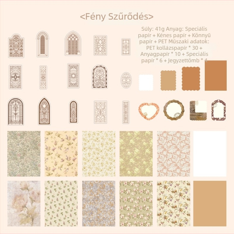 Naplópapír csomag retro alappapírral és dekoratív matricákkal | Márka: Dyeing; Anyag: Papír; Technika: Nyomtatás; Súly: 42 g/zacskó; Doboz: 800 db.