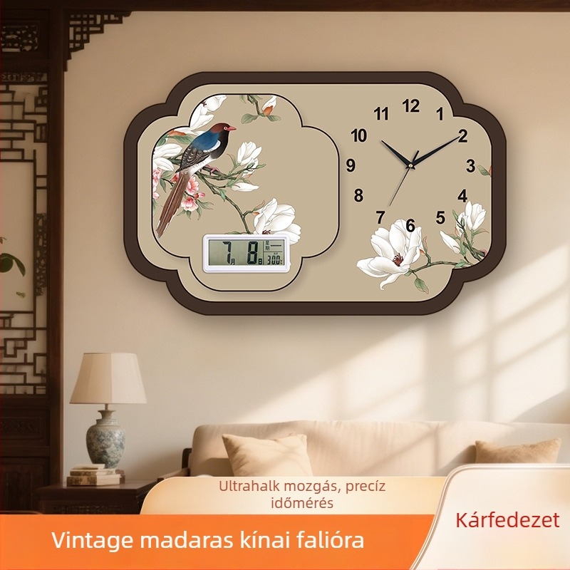 Kínai stílusú falióra dekoratív festménnyel, virág- és madármotívummal, örök kalendárral, kvarc óra a nappaliba