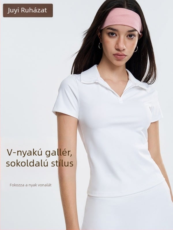 Női rövid ujjú galléros póló felső és teniszzoknya jóga szett – gyorsan szárad, nedvesség-elvezető, nylon + spandex (80/20), pulóver stílus