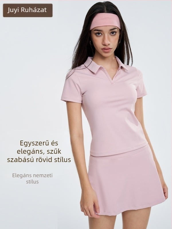 Női rövid ujjú galléros póló felső és teniszzoknya jóga szett – gyorsan szárad, nedvesség-elvezető, nylon + spandex (80/20), pulóver stílus
