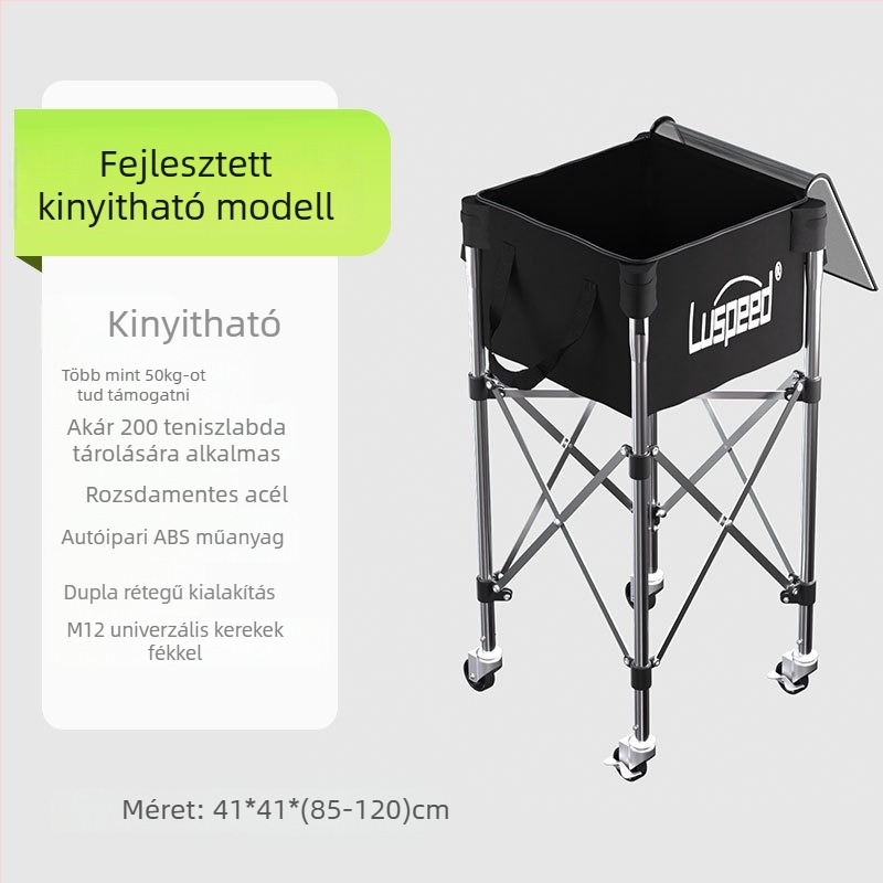 Hordozható tenisz kocsi – magasságállító kivitel, univerzális kerekek, rozsdamentes acél, nagy kapacitás
